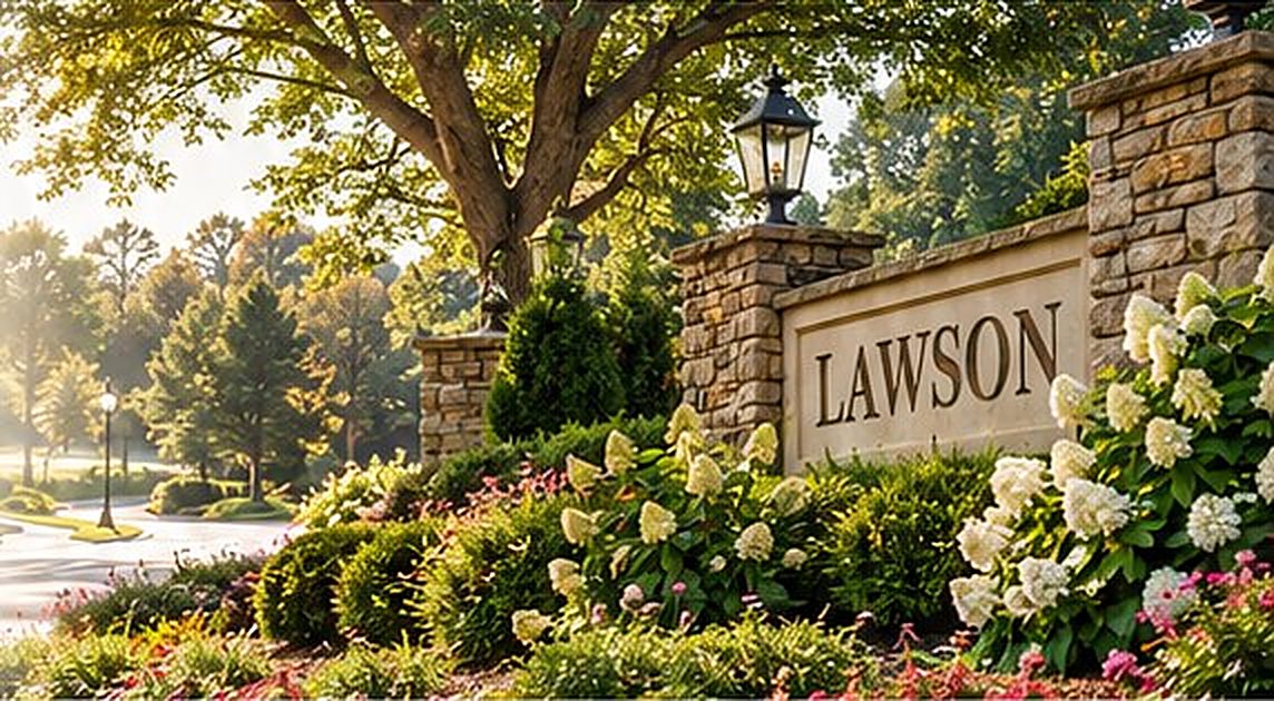 The stone Lawson entrance sign with hydrangeas in bloom
